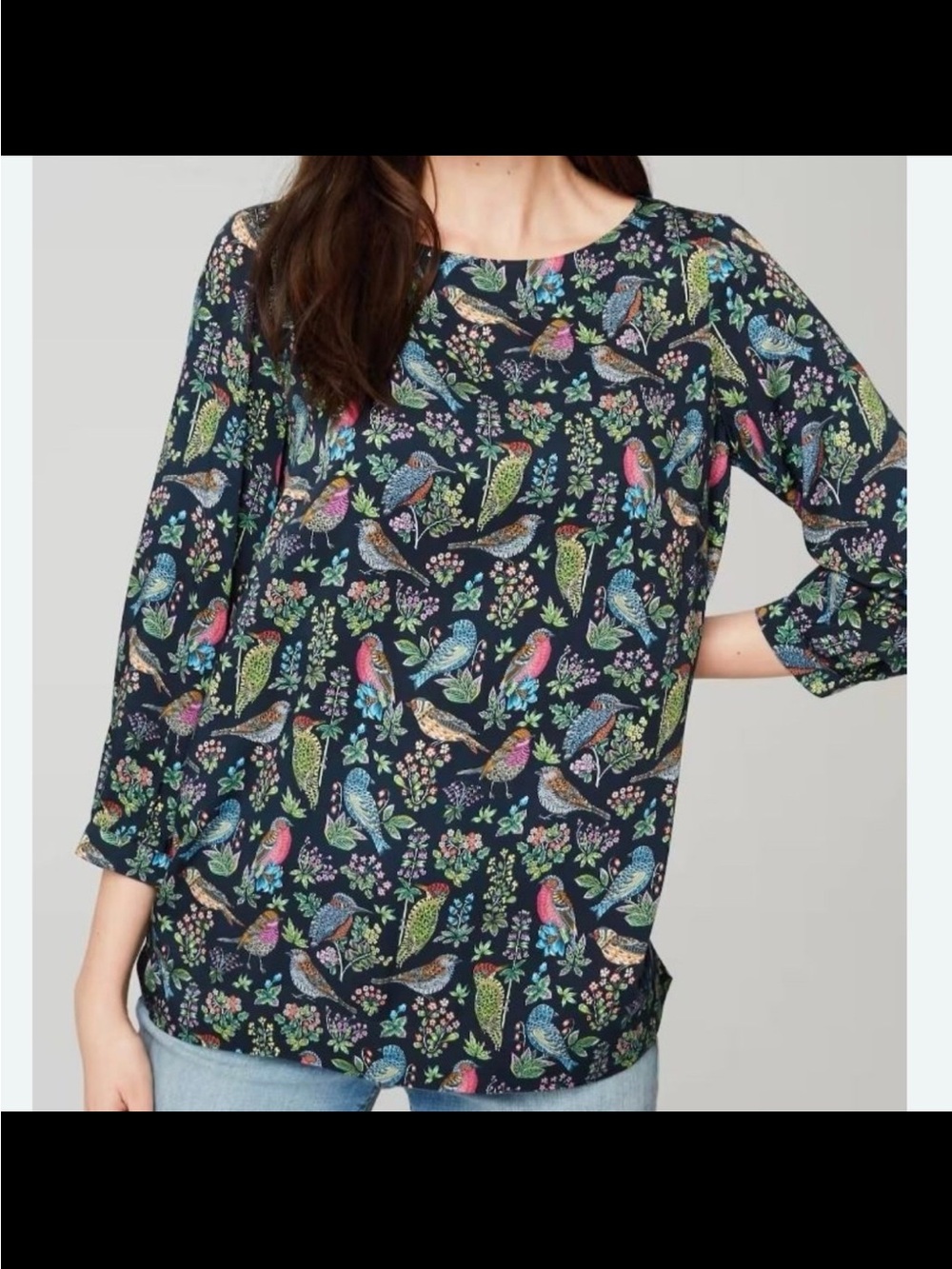 J. Jill Navy Blouse with Colorful Bird & Floral Print